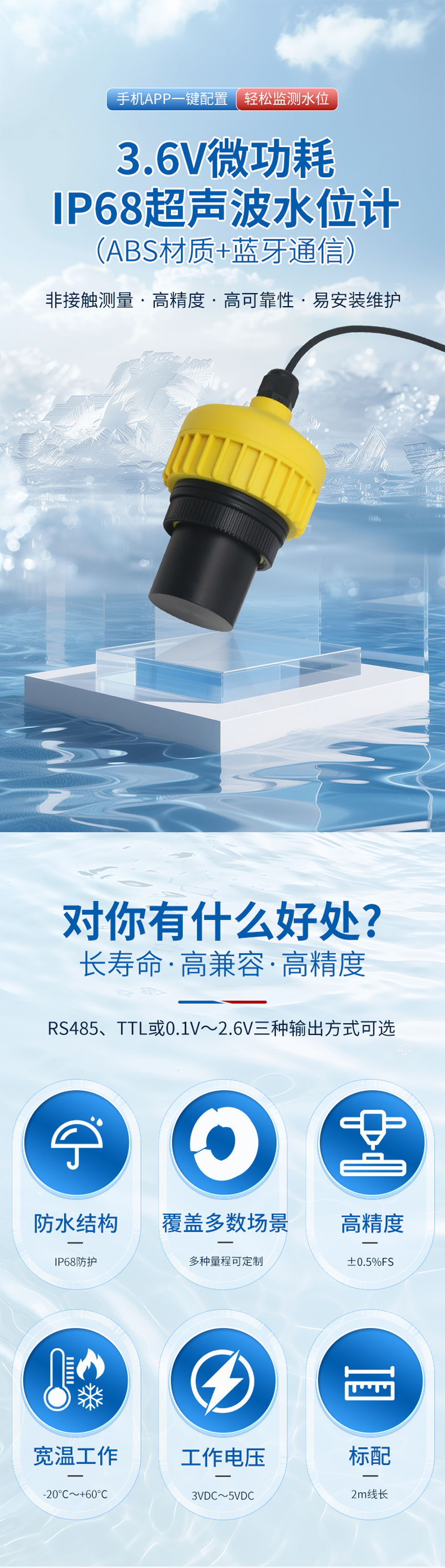 3.6V微功耗IP68超声波水位计-NPT-2”螺纹-ABS材质-黄色外壳-蓝牙通信-3.6VDC供电_01.jpg